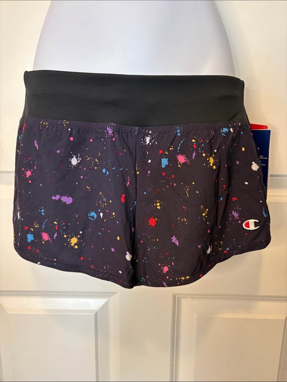 Champion Women's Black Athletic Shorts with Multicolor Paint-Splatter Sz Medium